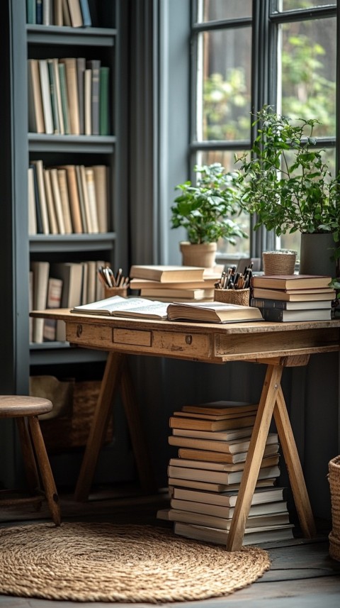 Front Shot of a Desk with Stacked Books – Feminine Blogger Aesthetic (443)