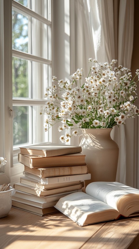 Front Shot of a Desk with Stacked Books – Feminine Blogger Aesthetic (432)