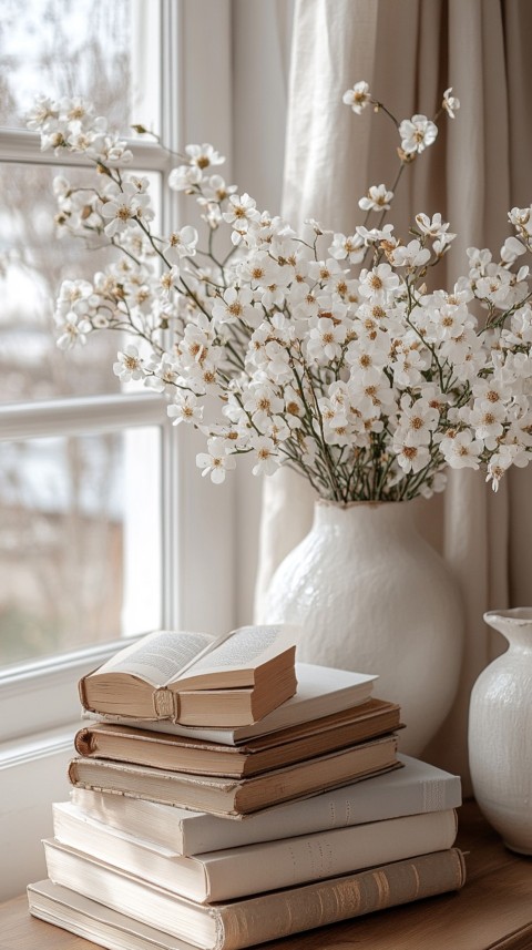 Front Shot of a Desk with Stacked Books – Feminine Blogger Aesthetic (411)