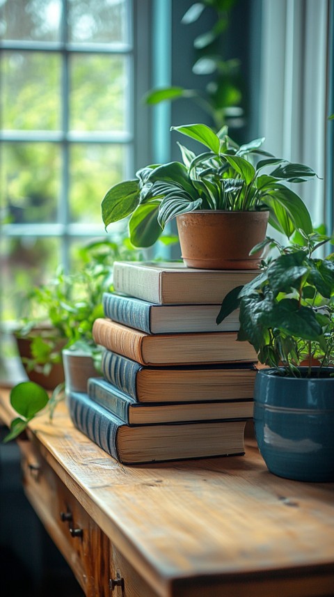 Front Shot of a Desk with Stacked Books – Feminine Blogger Aesthetic (450)