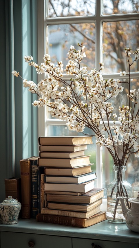 Front Shot of a Desk with Stacked Books – Feminine Blogger Aesthetic (427)