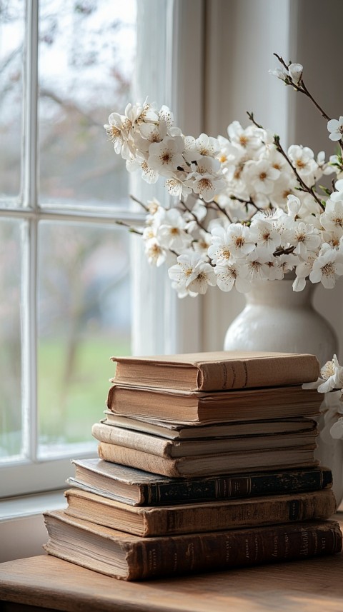 Front Shot of a Desk with Stacked Books – Feminine Blogger Aesthetic (440)