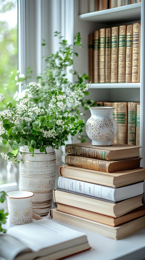 Front Shot of a Desk with Stacked Books – Feminine Blogger Aesthetic (415)