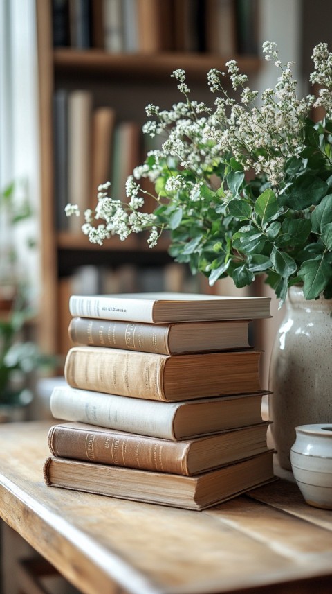 Front Shot of a Desk with Stacked Books – Feminine Blogger Aesthetic (444)