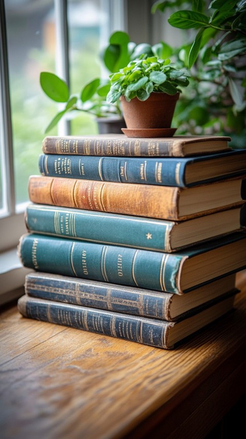 Front Shot of a Desk with Stacked Books – Feminine Blogger Aesthetic (452)