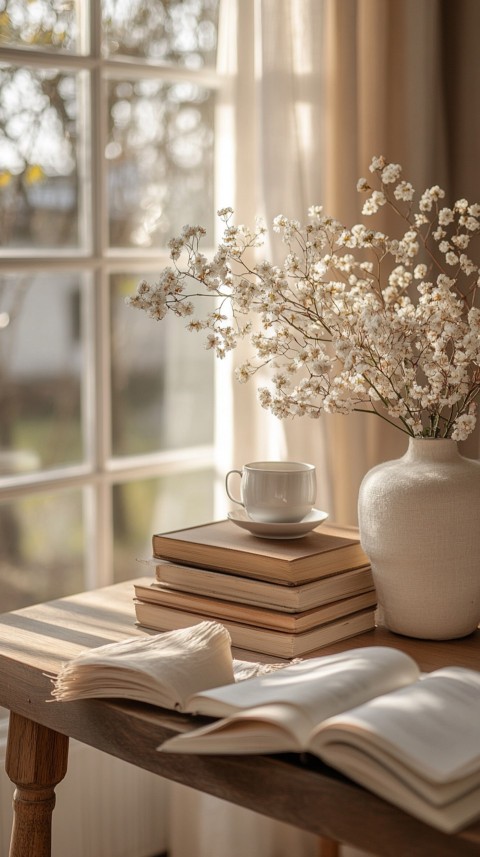 Front Shot of a Desk with Stacked Books – Feminine Blogger Aesthetic (468)