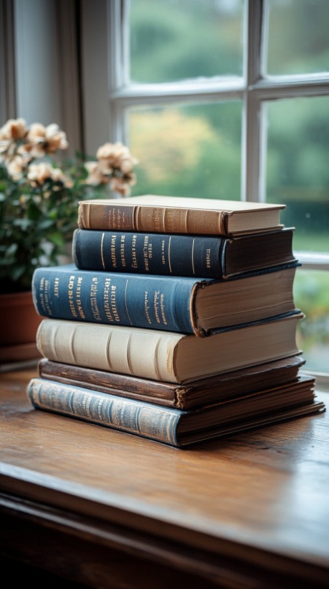 Front Shot of a Desk with Stacked Books – Feminine Blogger Aesthetic (451)