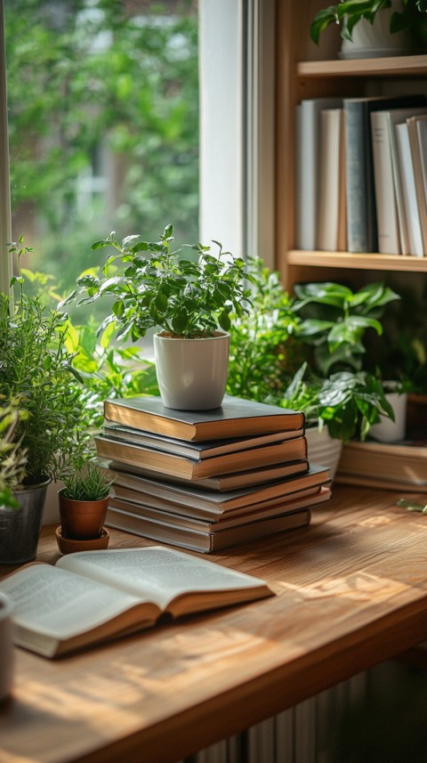 Front Shot of a Desk with Stacked Books – Feminine Blogger Aesthetic (457)