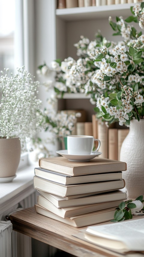 Front Shot of a Desk with Stacked Books – Feminine Blogger Aesthetic (476)