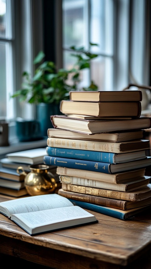 Front Shot of a Desk with Stacked Books – Feminine Blogger Aesthetic (480)