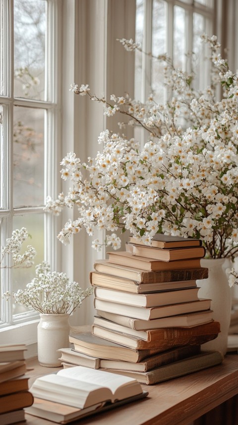 Front Shot of a Desk with Stacked Books – Feminine Blogger Aesthetic (471)