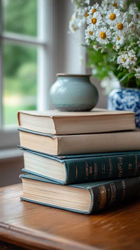 Front Shot of a Desk with Stacked Books – Feminine Blogger Aesthetic (496)