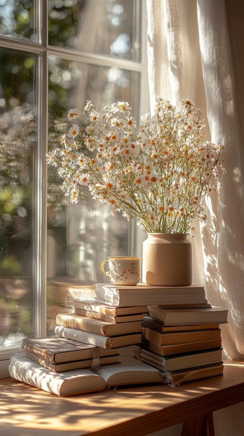 Front Shot of a Desk with Stacked Books – Feminine Blogger Aesthetic (483)