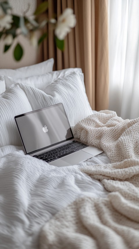 Overhead View of a Bed with an Open Laptop and White Bedding – Minimalist Aesthetic (4)