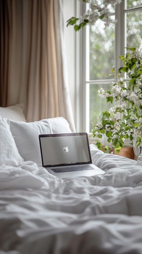 Overhead View of a Bed with an Open Laptop and White Bedding – Minimalist Aesthetic (7)