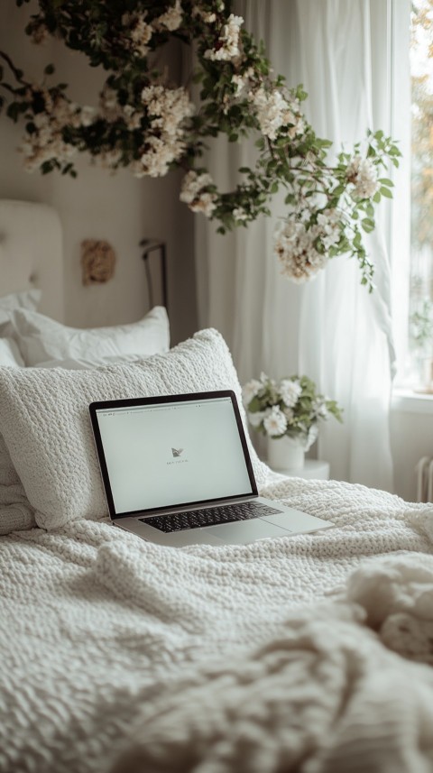 Overhead View of a Bed with an Open Laptop and White Bedding – Minimalist Aesthetic (9)