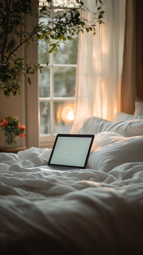 Overhead View of a Bed with an Open Laptop and White Bedding – Minimalist Aesthetic (16)