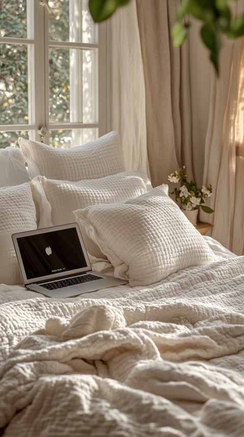 Overhead View of a Bed with an Open Laptop and White Bedding – Minimalist Aesthetic (17)