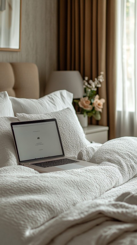 Overhead View of a Bed with an Open Laptop and White Bedding – Minimalist Aesthetic (10)