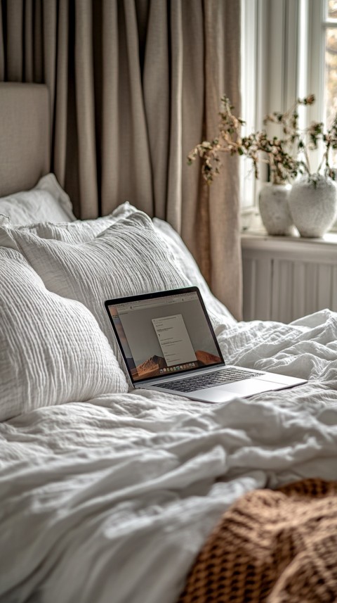 Overhead View of a Bed with an Open Laptop and White Bedding – Minimalist Aesthetic (2)