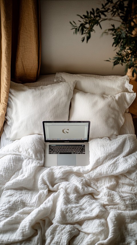 Overhead View of a Bed with an Open Laptop and White Bedding – Minimalist Aesthetic (3)