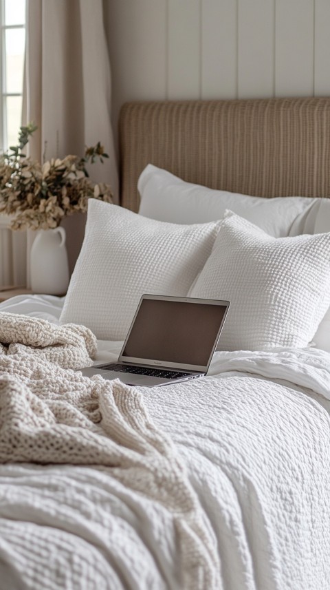 Overhead View of a Bed with an Open Laptop and White Bedding – Minimalist Aesthetic (11)