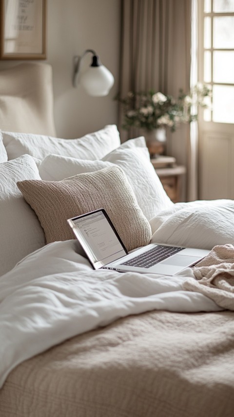 Overhead View of a Bed with an Open Laptop and White Bedding – Minimalist Aesthetic (28)