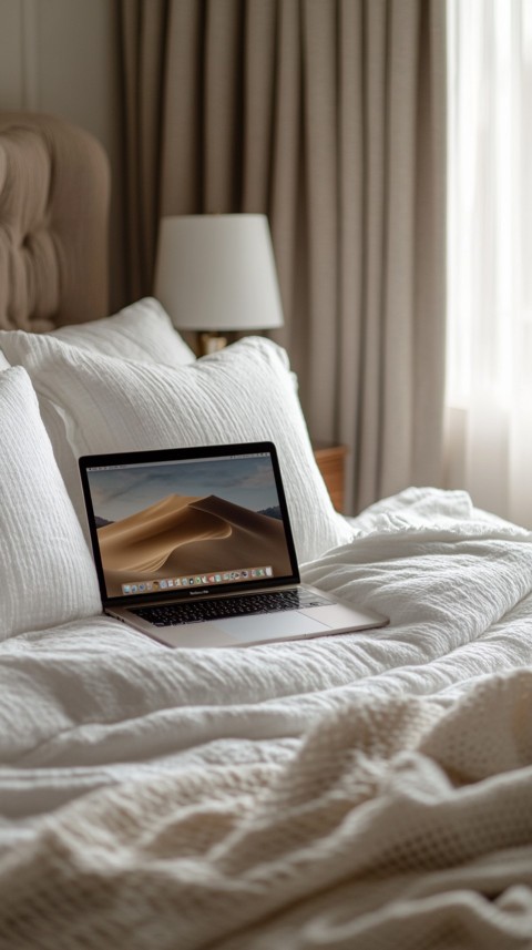 Overhead View of a Bed with an Open Laptop and White Bedding – Minimalist Aesthetic (22)