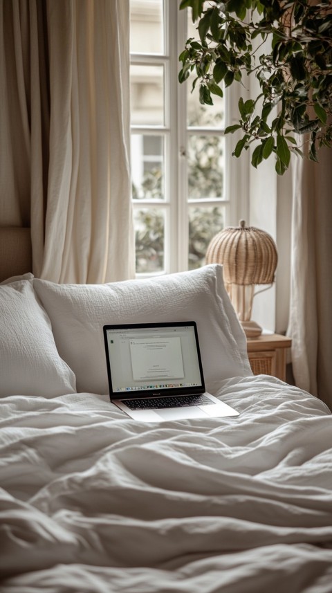 Overhead View of a Bed with an Open Laptop and White Bedding – Minimalist Aesthetic (37)