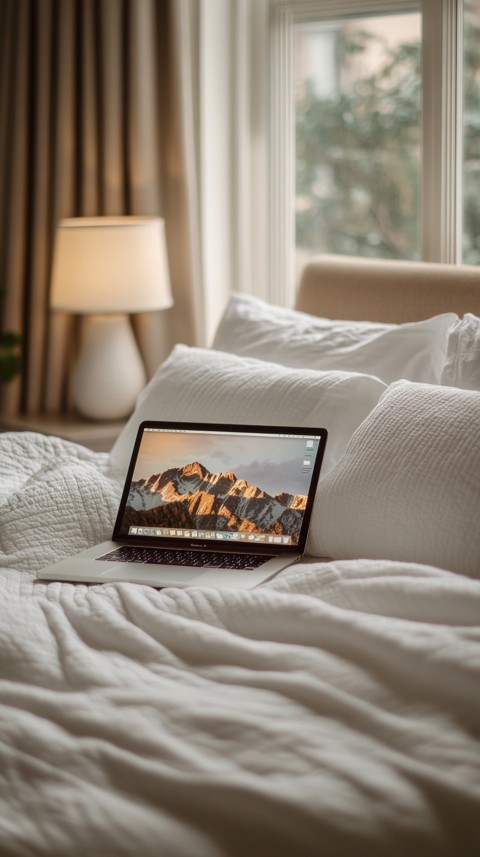 Overhead View of a Bed with an Open Laptop and White Bedding – Minimalist Aesthetic (25)