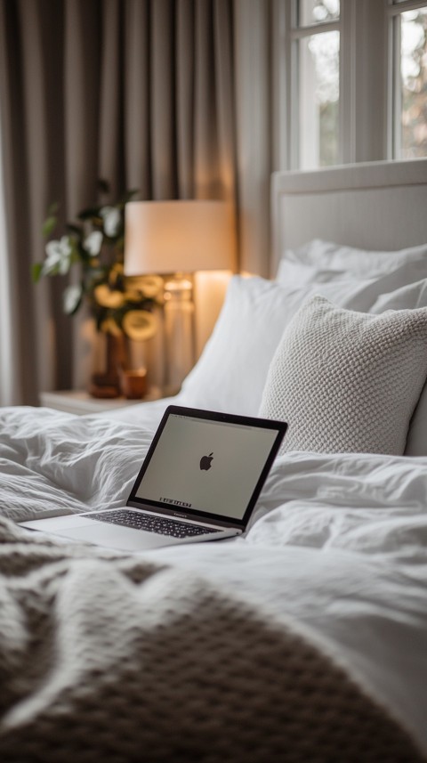 Overhead View of a Bed with an Open Laptop and White Bedding – Minimalist Aesthetic (46)