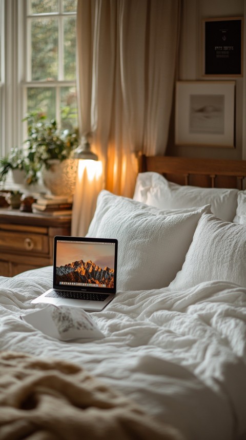 Overhead View of a Bed with an Open Laptop and White Bedding – Minimalist Aesthetic (50)