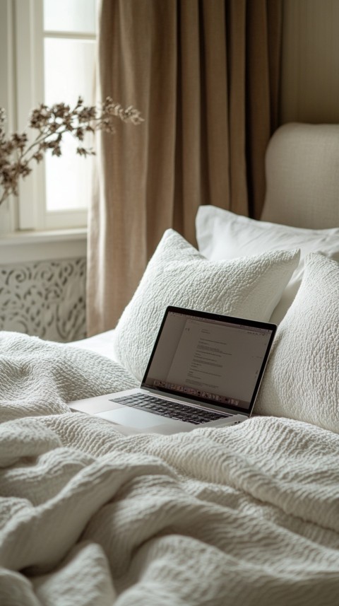 Overhead View of a Bed with an Open Laptop and White Bedding – Minimalist Aesthetic (31)