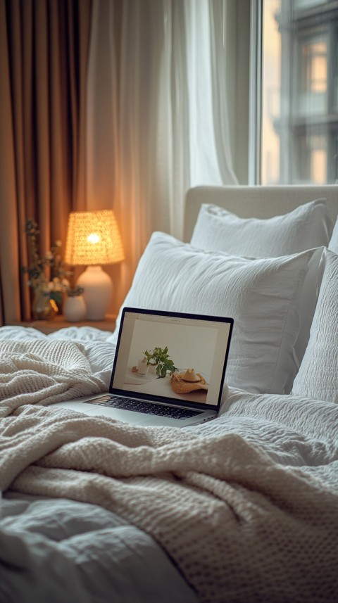 Overhead View of a Bed with an Open Laptop and White Bedding – Minimalist Aesthetic (39)