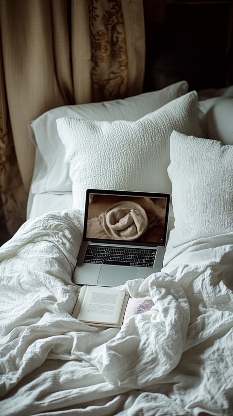 Overhead View of a Bed with an Open Laptop and White Bedding – Minimalist Aesthetic (26)