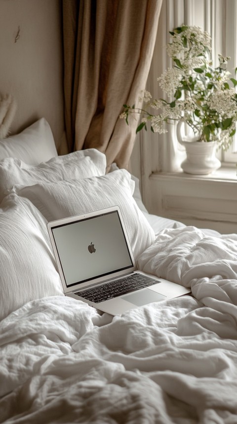 Overhead View of a Bed with an Open Laptop and White Bedding – Minimalist Aesthetic (32)