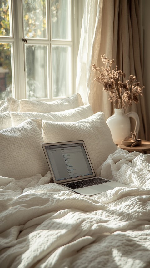 Overhead View of a Bed with an Open Laptop and White Bedding – Minimalist Aesthetic (47)