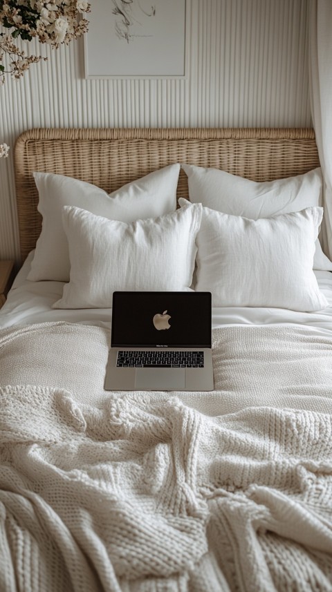 Overhead View of a Bed with an Open Laptop and White Bedding – Minimalist Aesthetic (29)