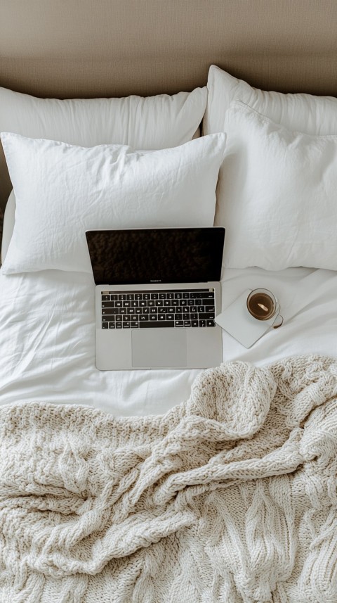 Overhead View of a Bed with an Open Laptop and White Bedding – Minimalist Aesthetic (27)