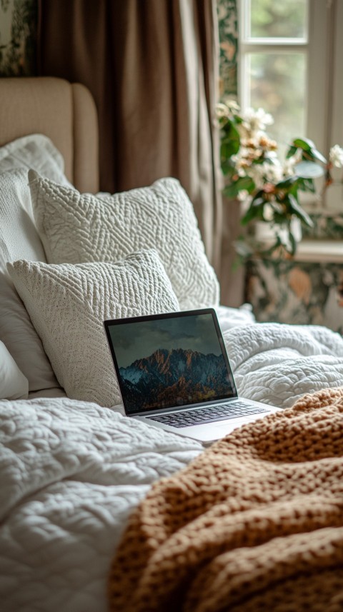 Overhead View of a Bed with an Open Laptop and White Bedding – Minimalist Aesthetic (38)