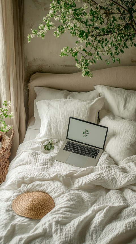 Overhead View of a Bed with an Open Laptop and White Bedding – Minimalist Aesthetic (24)