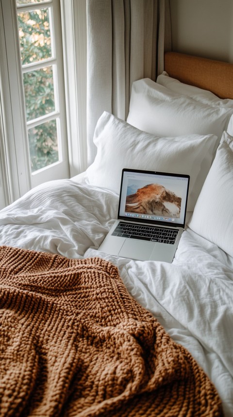 Overhead View of a Bed with an Open Laptop and White Bedding – Minimalist Aesthetic (42)