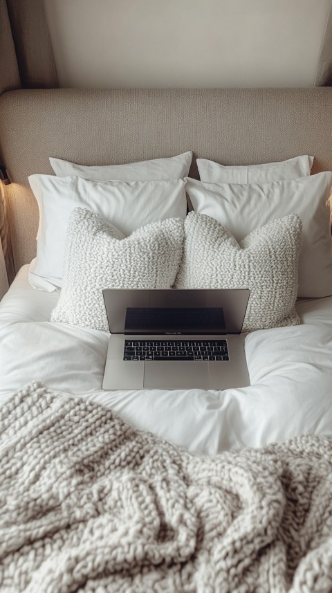 Overhead View of a Bed with an Open Laptop and White Bedding – Minimalist Aesthetic (51)