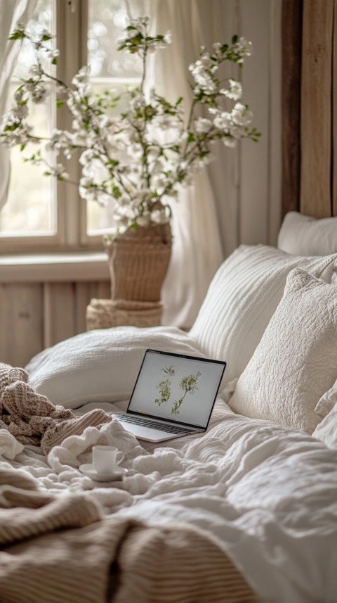 Overhead View of a Bed with an Open Laptop and White Bedding – Minimalist Aesthetic (78)