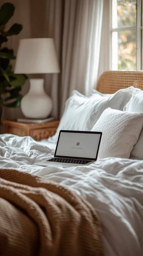 Overhead View of a Bed with an Open Laptop and White Bedding – Minimalist Aesthetic (76)