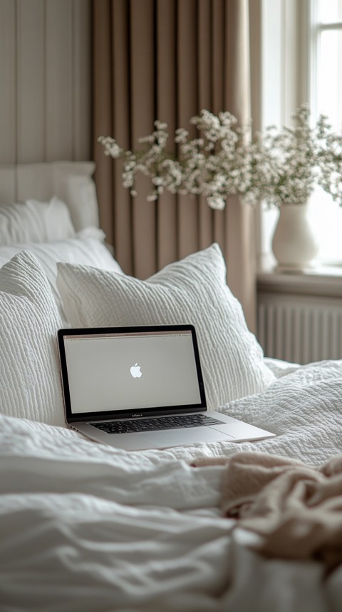 Overhead View of a Bed with an Open Laptop and White Bedding – Minimalist Aesthetic (75)