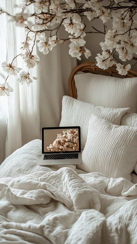 Overhead View of a Bed with an Open Laptop and White Bedding – Minimalist Aesthetic (52)