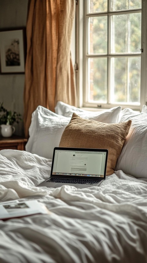 Overhead View of a Bed with an Open Laptop and White Bedding – Minimalist Aesthetic (62)