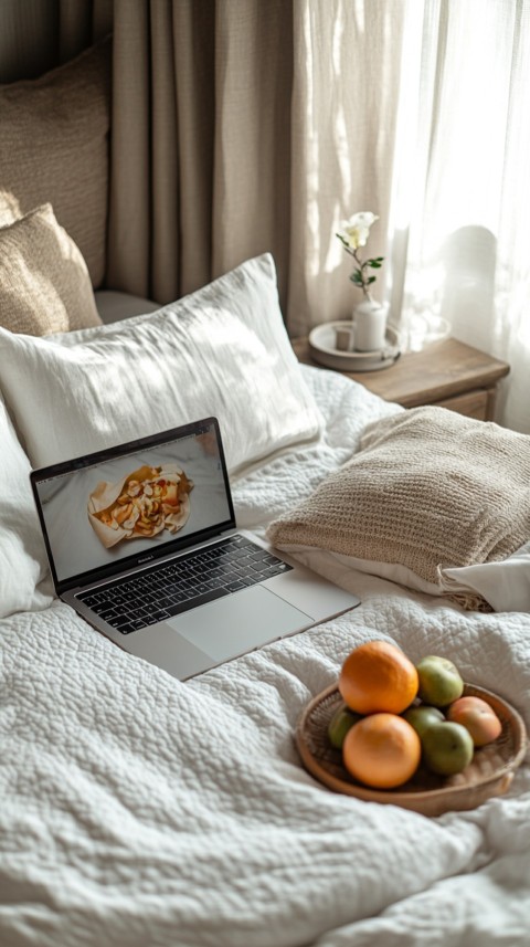 Overhead View of a Bed with an Open Laptop and White Bedding – Minimalist Aesthetic (79)