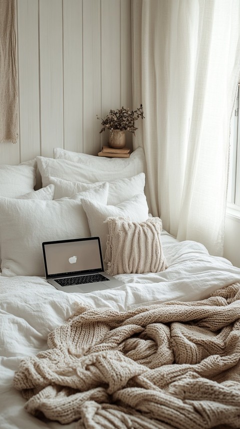 Overhead View of a Bed with an Open Laptop and White Bedding – Minimalist Aesthetic (69)